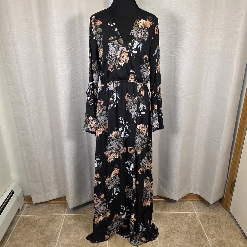 Rokoko Floral Maxi Dress Boho Long Sleeve Tie Sleeve Black M